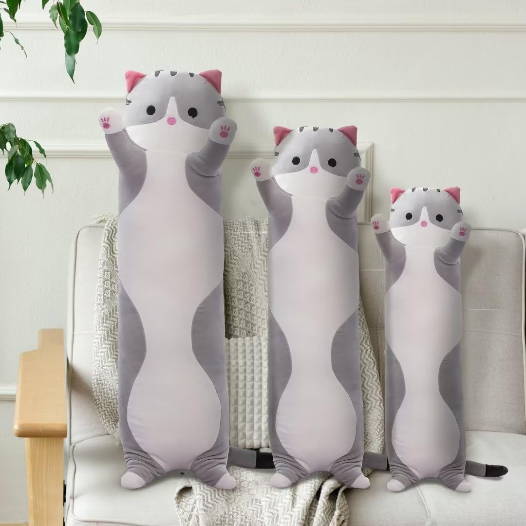 Cat Soft Pillow Plush Long Throw Sleeping Pillow Cotton Kitten Pillow Cuddly Stuffed Cute Plush Doll Gift for Girlfriend (Gray, 19.7Inch)